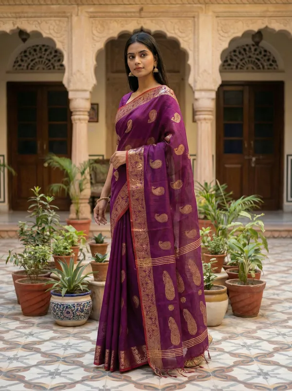WoodenTant_Women's_handloom_woven_cotton_silk_Bengal_banarasi_saree_in_purple_with_all_over_pure_golden_zari_kalka_work_with_unstitch_running_blouse_piece._Steal_the_limelight_with_this_Bengal_made_banarasi_saree.