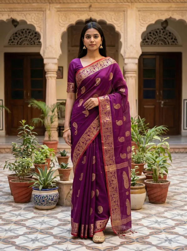 WoodenTant_Women's_handloom_woven_cotton_silk_Bengal_banarasi_saree_in_purple_with_all_over_pure_golden_zari_kalka_work_with_unstitch_running_blouse_piece._Steal_the_limelight_with_this_Bengal_made_banarasi_saree.