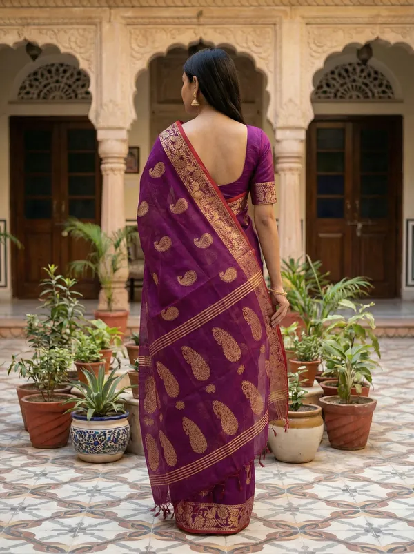 WoodenTant_Women's_handloom_woven_cotton_silk_Bengal_banarasi_saree_in_purple_with_all_over_pure_golden_zari_kalka_work_with_unstitch_running_blouse_piece._Steal_the_limelight_with_this_Bengal_made_banarasi_saree.