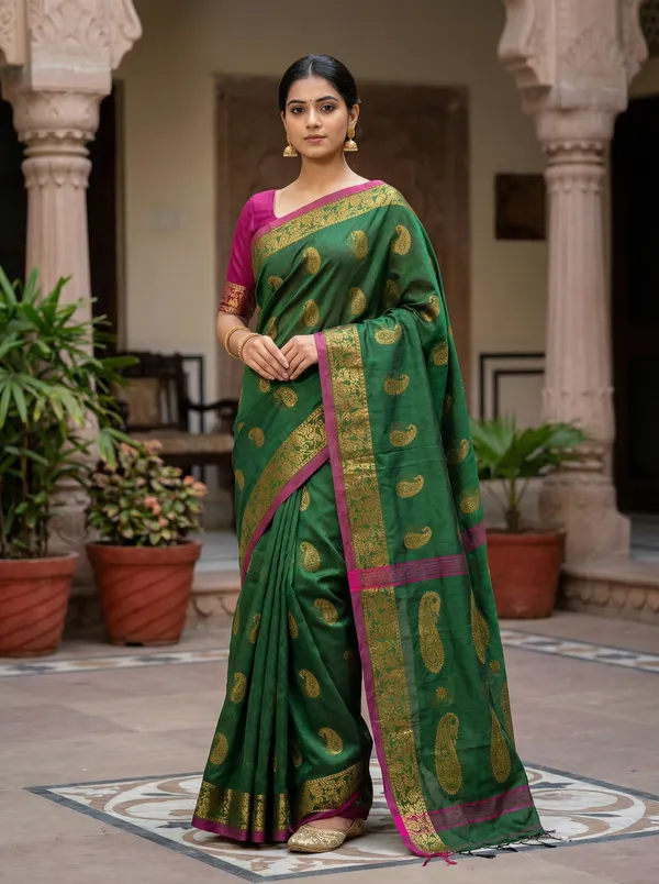 WoodenTant_Women's_handloom_woven_cotton_silk_Bengal_banarasi_saree_in_green_with_all_over_pure_golden_zari_kalka_work_with_unstitch_running_blouse_piece._Steal_the_limelight_with_this_Bengal_made_banarasi_saree.