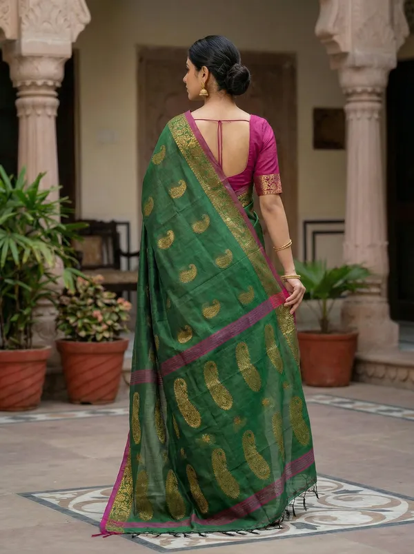 WoodenTant_Women's_handloom_woven_cotton_silk_Bengal_banarasi_saree_in_green_with_all_over_pure_golden_zari_kalka_work_with_unstitch_running_blouse_piece._Steal_the_limelight_with_this_Bengal_made_banarasi_saree.
