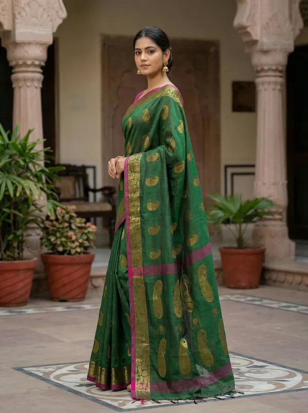 WoodenTant_Women's_handloom_woven_cotton_silk_Bengal_banarasi_saree_in_green_with_all_over_pure_golden_zari_kalka_work_with_unstitch_running_blouse_piece._Steal_the_limelight_with_this_Bengal_made_banarasi_saree.