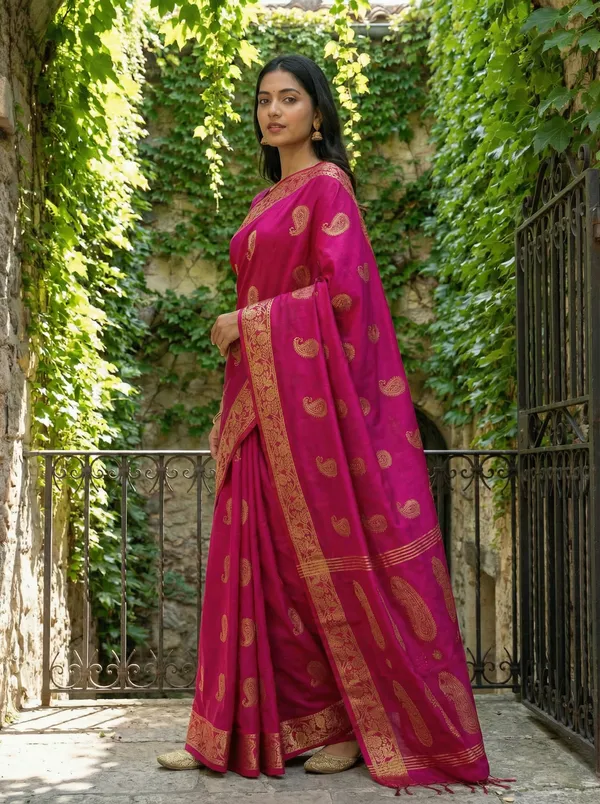 WoodenTant_Women's_handloom_woven_cotton_silk_Bengal_banarasi_saree_in_pink_with_all_over_pure_golden_zari_kalka_work_with_unstitch_running_blouse_piece._Steal_the_limelight_with_this_Bengal_made_banarasi_saree.