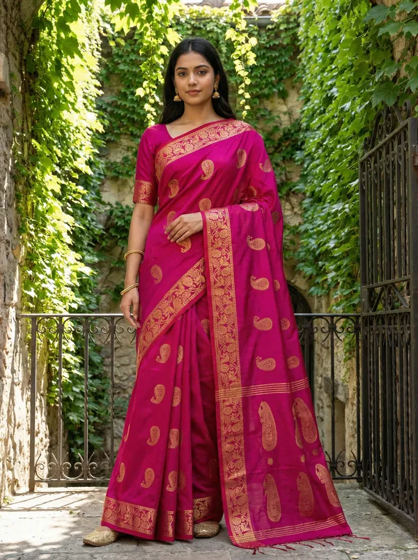 WoodenTant_Women's_handloom_woven_cotton_silk_Bengal_banarasi_saree_in_pink_with_all_over_pure_golden_zari_kalka_work_with_unstitch_running_blouse_piece._Steal_the_limelight_with_this_Bengal_made_banarasi_saree.