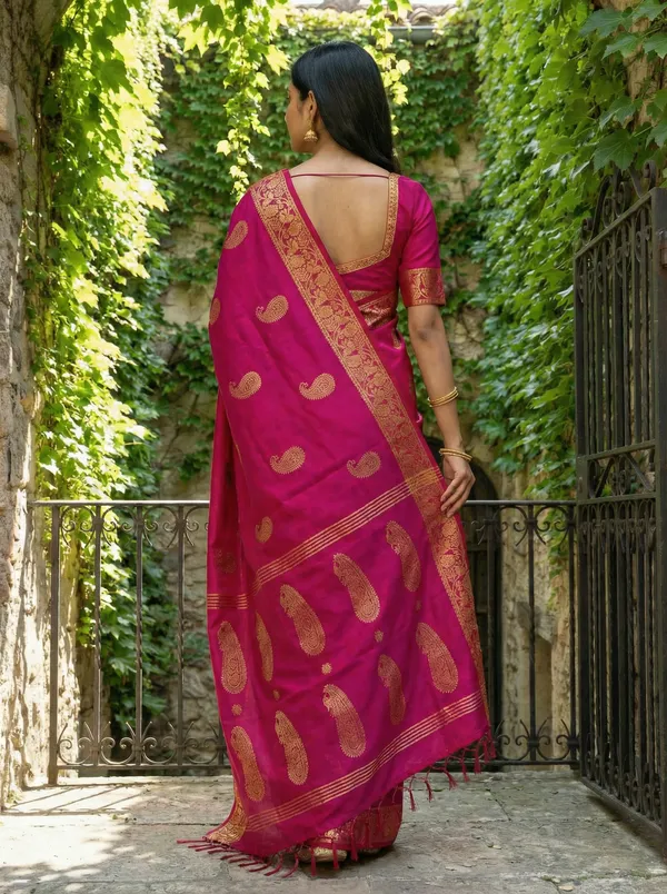 WoodenTant_Women's_handloom_woven_cotton_silk_Bengal_banarasi_saree_in_pink_with_all_over_pure_golden_zari_kalka_work_with_unstitch_running_blouse_piece._Steal_the_limelight_with_this_Bengal_made_banarasi_saree.