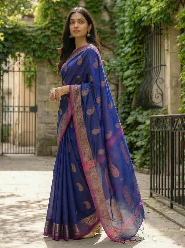 WoodenTant_Women's_handloom_woven_cotton_silk_Bengal_banarasi_saree_in_blue_with_all_over_pure_golden_zari_kalka_work_with_unstitch_running_blouse_piece._Steal_the_limelight_with_this_Bengal_made_banarasi_saree.