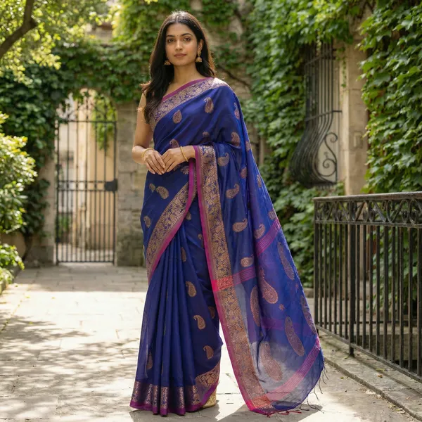WoodenTant_Women's_handloom_woven_cotton_silk_Bengal_banarasi_saree_in_blue_with_all_over_pure_golden_zari_kalka_work_with_unstitch_running_blouse_piece._Steal_the_limelight_with_this_Bengal_made_banarasi_saree.