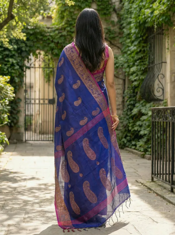 WoodenTant_Women's_handloom_woven_cotton_silk_Bengal_banarasi_saree_in_blue_with_all_over_pure_golden_zari_kalka_work_with_unstitch_running_blouse_piece._Steal_the_limelight_with_this_Bengal_made_banarasi_saree.