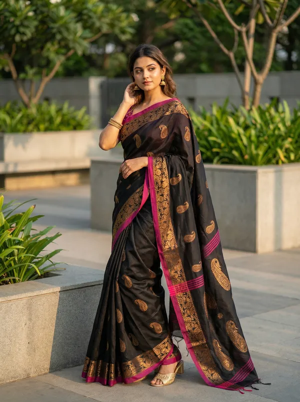 WoodenTant_Women's_handloom_woven_cotton_silk_Bengal_banarasi_saree_in_black_with_all_over_pure_golden_zari_kalka_work_with_unstitch_running_blouse_piece._Steal_the_limelight_with_this_Bengal_made_banarasi_saree.