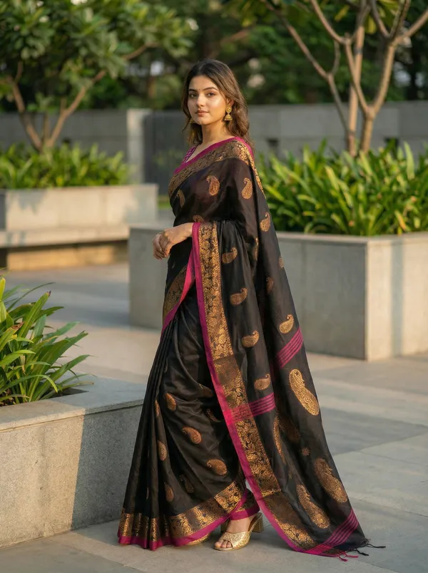 WoodenTant_Women's_handloom_woven_cotton_silk_Bengal_banarasi_saree_in_black_with_all_over_pure_golden_zari_kalka_work_with_unstitch_running_blouse_piece._Steal_the_limelight_with_this_Bengal_made_banarasi_saree.