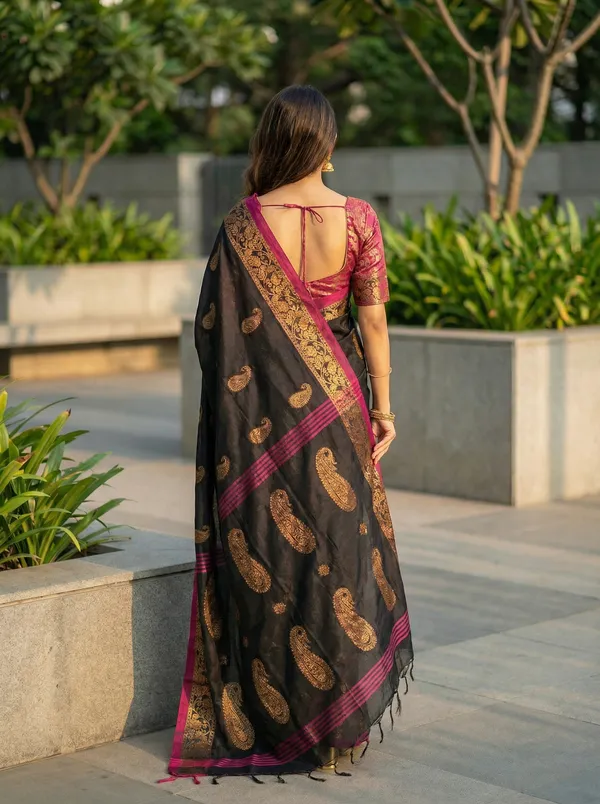 WoodenTant_Women's_handloom_woven_cotton_silk_Bengal_banarasi_saree_in_black_with_all_over_pure_golden_zari_kalka_work_with_unstitch_running_blouse_piece._Steal_the_limelight_with_this_Bengal_made_banarasi_saree.