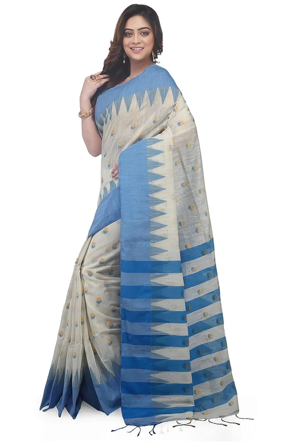 Blue_&_White_Cotton_Silk_Saree_With_Blouse_Piece_For_Women