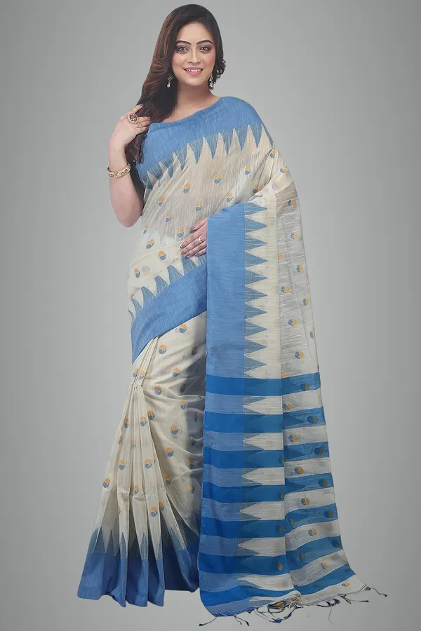 Blue_&_White_Cotton_Silk_Saree_With_Blouse_Piece_For_Women
