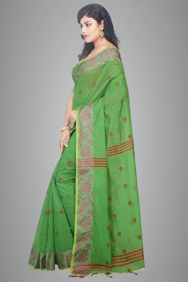 Green_Woven_Handloom_Cotton_Silk_Saree_Designer_Floral_Border_With_Blouse_Piece_For_Women