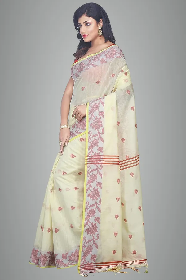White_Woven_Handloom_Cotton_Silk_Saree_Designer_Floral_Border_With_Blouse_Piece_For_Women