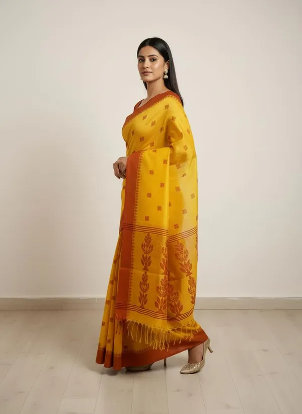 Yellow_Cotton_Silk_Handloom_Saree_With_Attached_Running_Blouse_For_Women