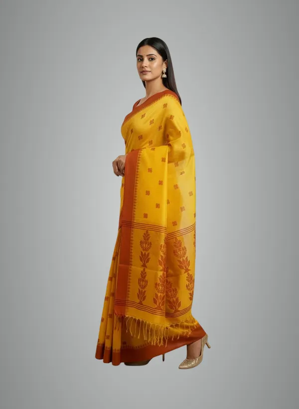 Yellow_Cotton_Silk_Handloom_Saree_With_Attached_Running_Blouse_For_Women