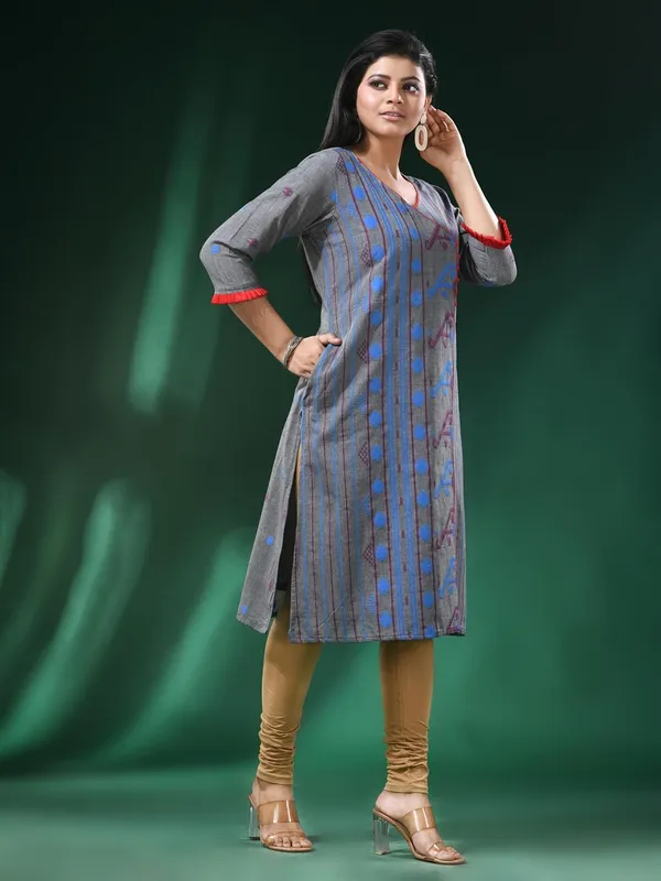 Grey_Cotton_Jamdani_Kurta_For_Women
