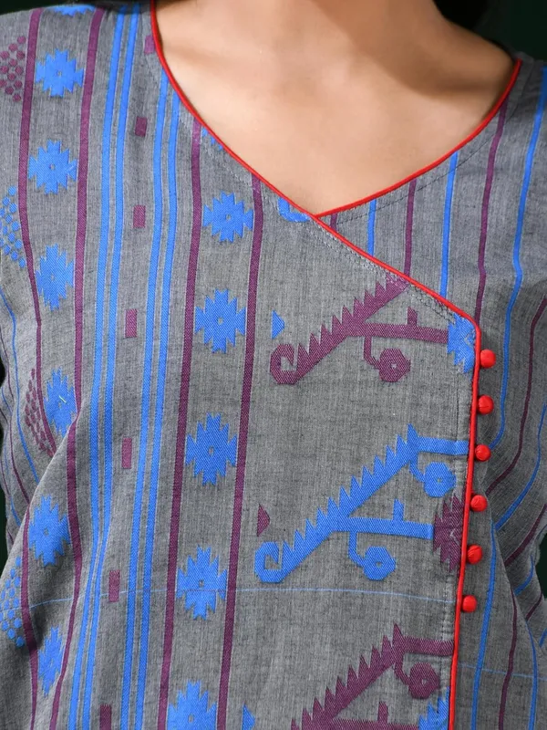 Grey_Cotton_Jamdani_Kurta_For_Women