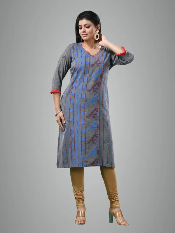 Grey_Cotton_Jamdani_Kurta_For_Women