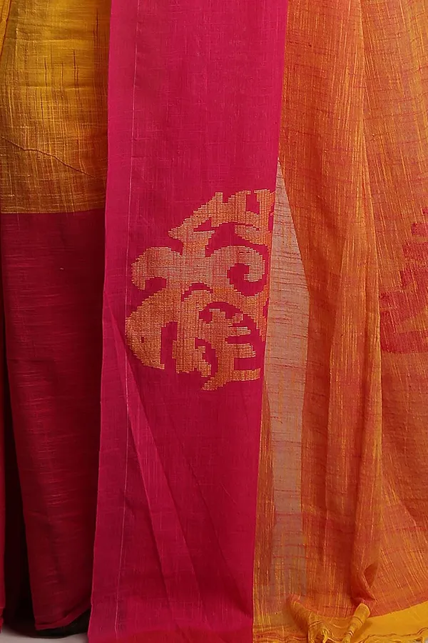 Yellow_&_Red_Pure_Linen_Saree_With_Blouse_Piece_For_Women