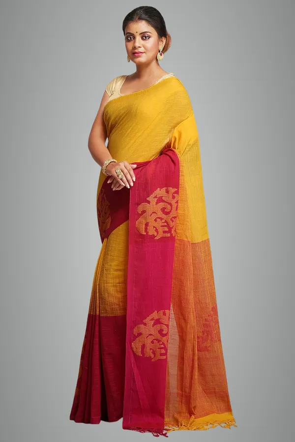 Yellow_&_Red_Pure_Linen_Saree_With_Blouse_Piece_For_Women