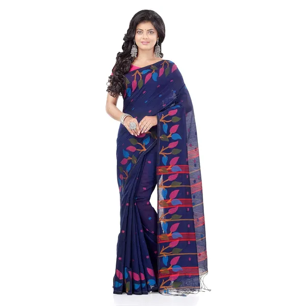 Dark_Blue_Handloom_Cotton_Saree_With_Designer_Leaf_Pallu_For_Women