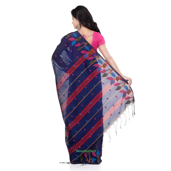 Dark_Blue_Handloom_Cotton_Saree_With_Designer_Leaf_Pallu_For_Women
