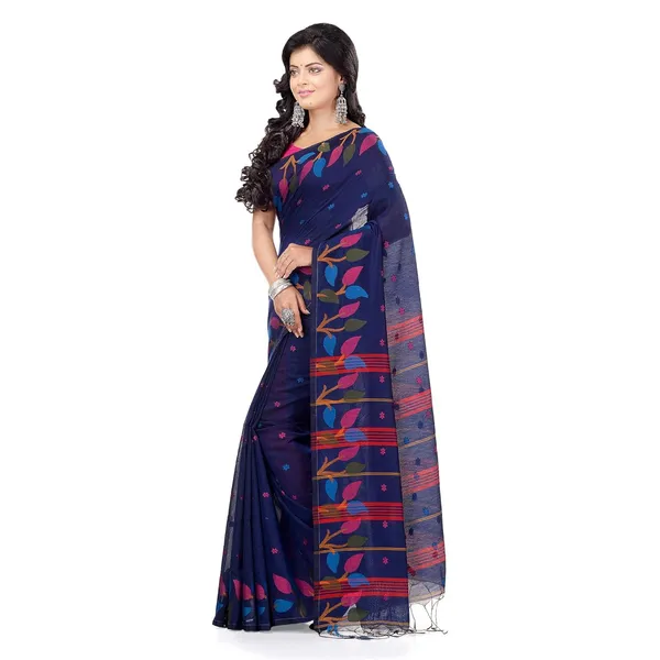 Dark_Blue_Handloom_Cotton_Saree_With_Designer_Leaf_Pallu_For_Women