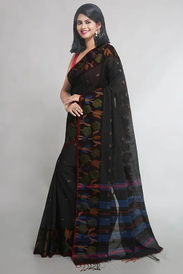 Black_Woven_Handloom_Cotton_Silk_Saree_With_Jamdani_Lotus_Border_For_Women