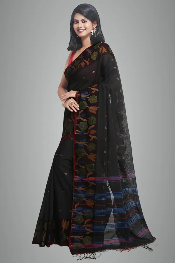 Black_Woven_Handloom_Cotton_Silk_Saree_With_Jamdani_Lotus_Border_For_Women