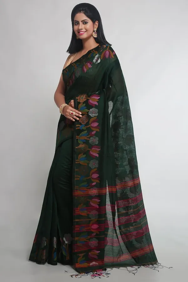Green_Woven_Handloom_Cotton_Silk_Saree_With_Jamdani_Lotus_Border_For_Women