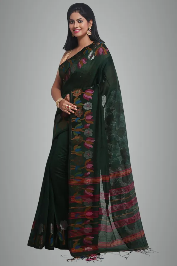 Green_Woven_Handloom_Cotton_Silk_Saree_With_Jamdani_Lotus_Border_For_Women