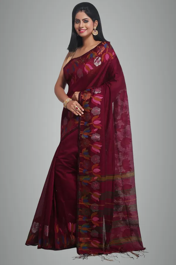 Magenta_Woven_Handloom_Cotton_Silk_Saree_With_Jamdani_Lotus_Border_For_Women