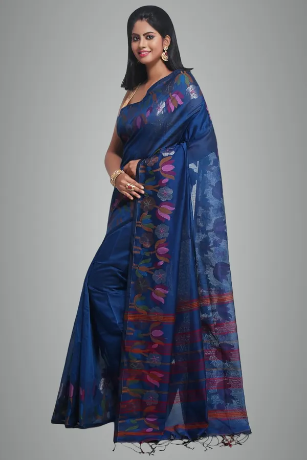 Turquoise_Blue_Woven_Handloom_Cotton_Silk_Saree_With_Jamdani_Lotus_Border_For_Women