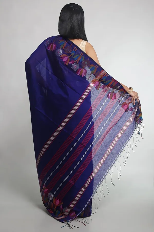Blue_Woven_Handloom_Cotton_Silk_Saree_With_Jamdani_Lotus_Border_For_Women