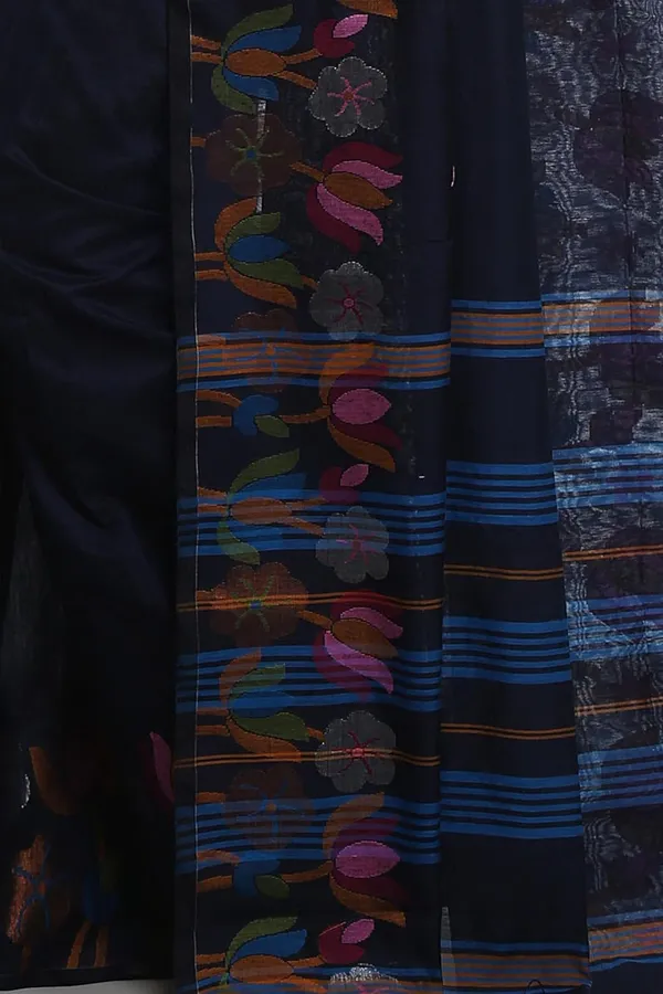 Navy_Blue_Woven_Handloom_Cotton_Silk_Saree_With_Jamdani_Lotus_Border_For_Women