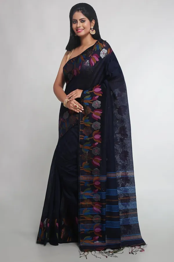 Navy_Blue_Woven_Handloom_Cotton_Silk_Saree_With_Jamdani_Lotus_Border_For_Women
