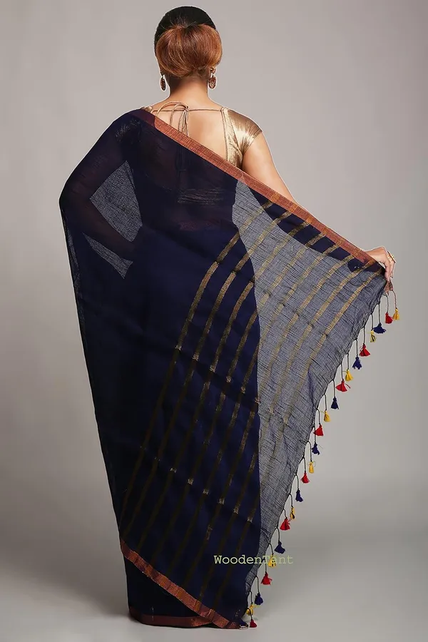 Navy_Blue_Pure_Linen_Solid_Saree_With_Blouse_Piece_For_Women
