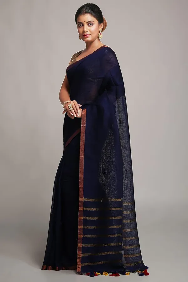 Navy_Blue_Pure_Linen_Solid_Saree_With_Blouse_Piece_For_Women