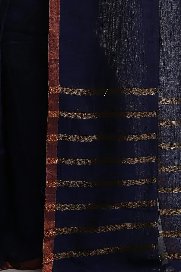 Navy_Blue_Pure_Linen_Solid_Saree_With_Blouse_Piece_For_Women