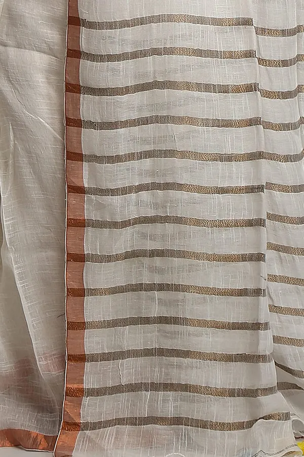 White_Pure_Linen_Solid_Saree_With_Blouse_Piece_For_Women