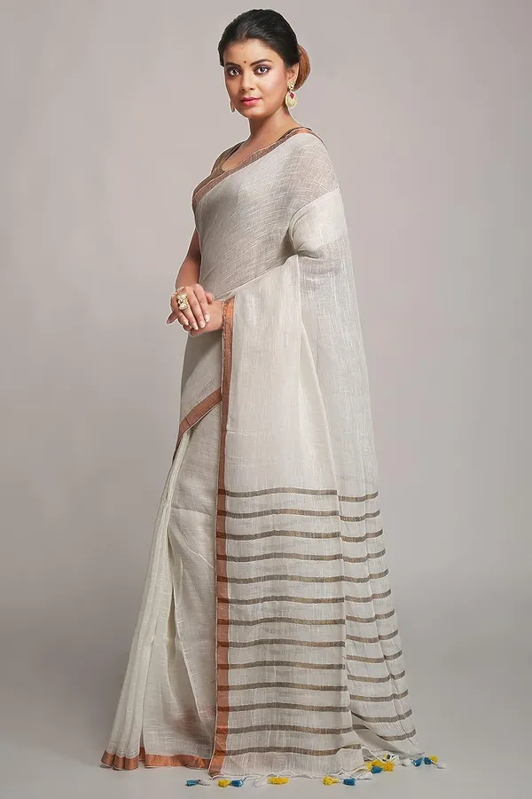 White_Pure_Linen_Solid_Saree_With_Blouse_Piece_For_Women