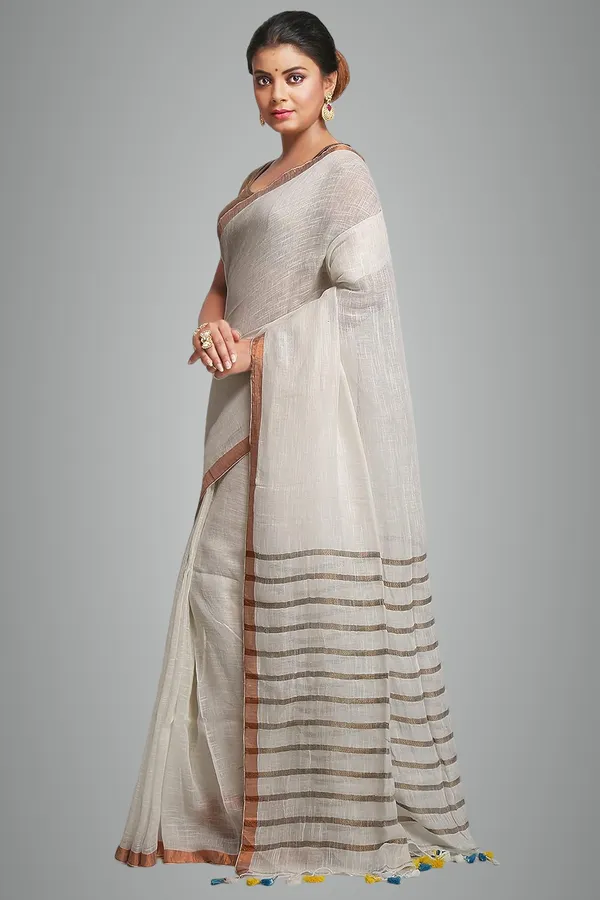 White_Pure_Linen_Solid_Saree_With_Blouse_Piece_For_Women