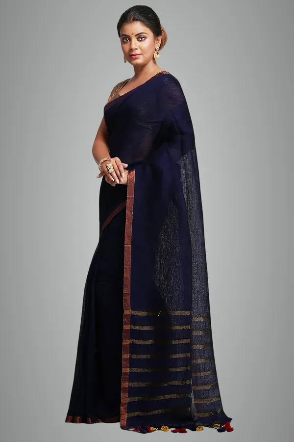 Navy_Blue_Pure_Linen_Solid_Saree_With_Blouse_Piece_For_Women