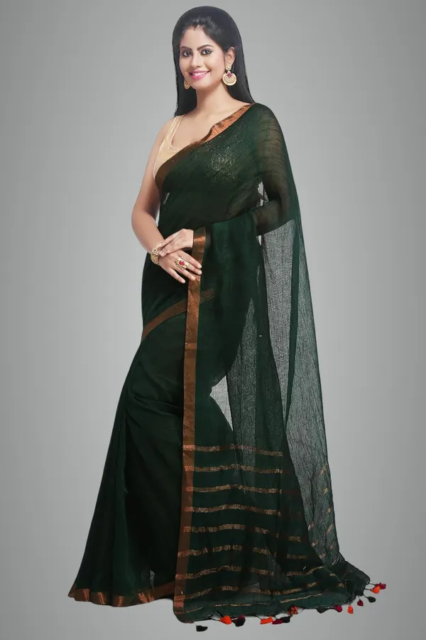 Dark_Green_Pure_Linen_Solid_Saree_With_Blouse_Piece_For_Women