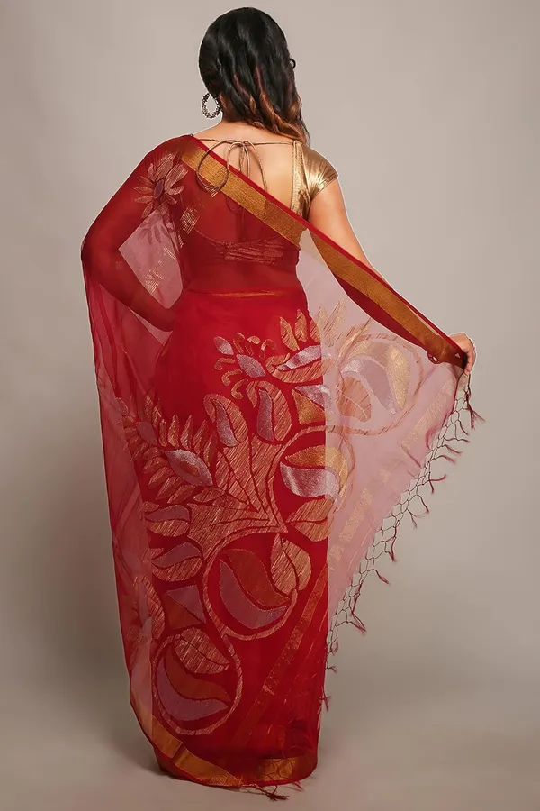Red_Pure_Resham_Silk_Saree_With_Zari_Border_For_Women