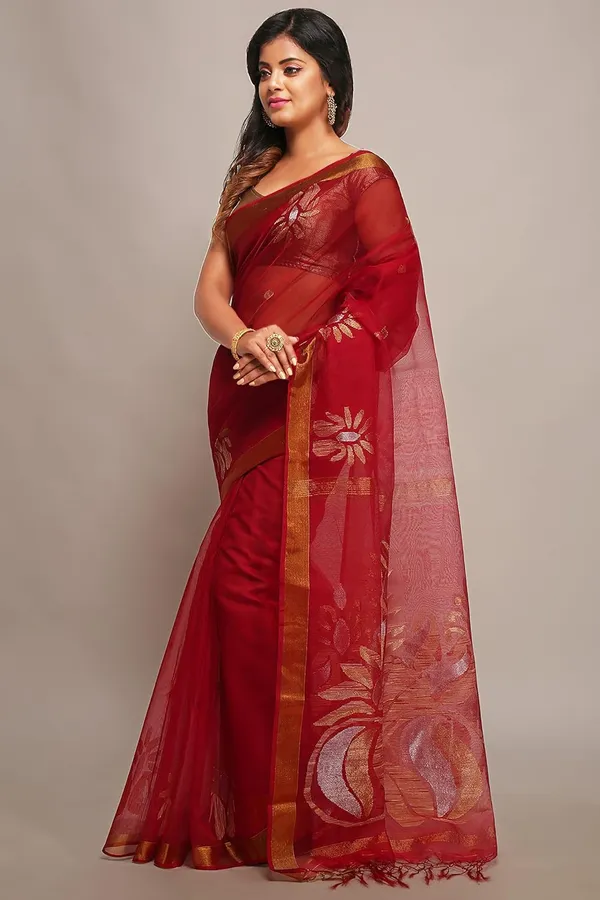 Red_Pure_Resham_Silk_Saree_With_Zari_Border_For_Women