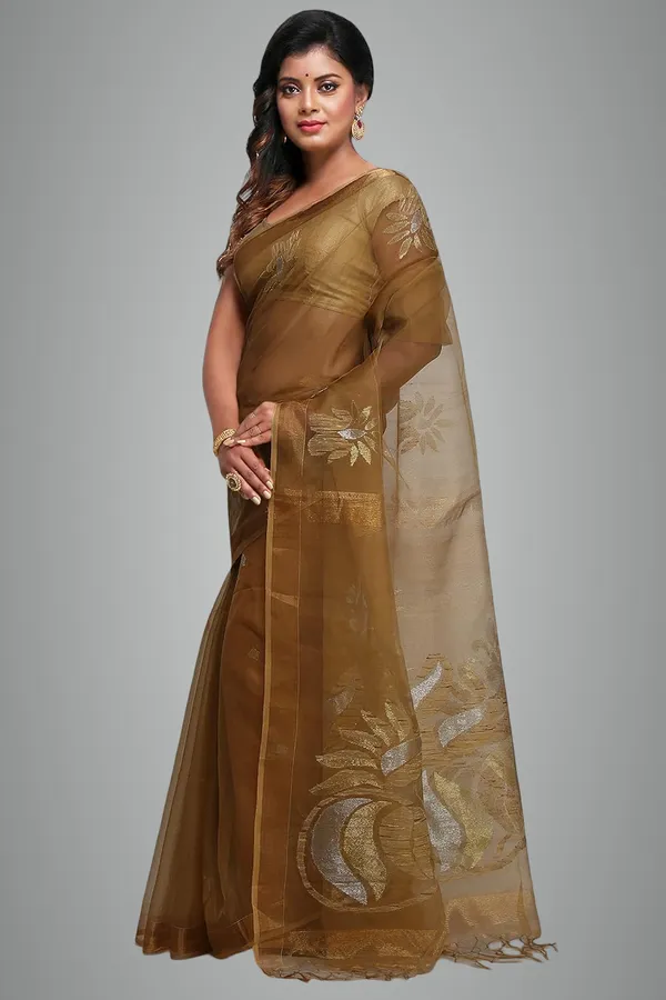 Brown_Pure_Resham_Silk_Saree_With_Zari_Border_For_Women