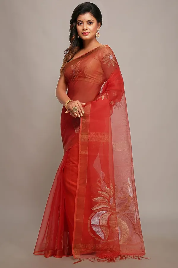 Red_Pure_Resham_Silk_Saree_With_Zari_Border_For_Women